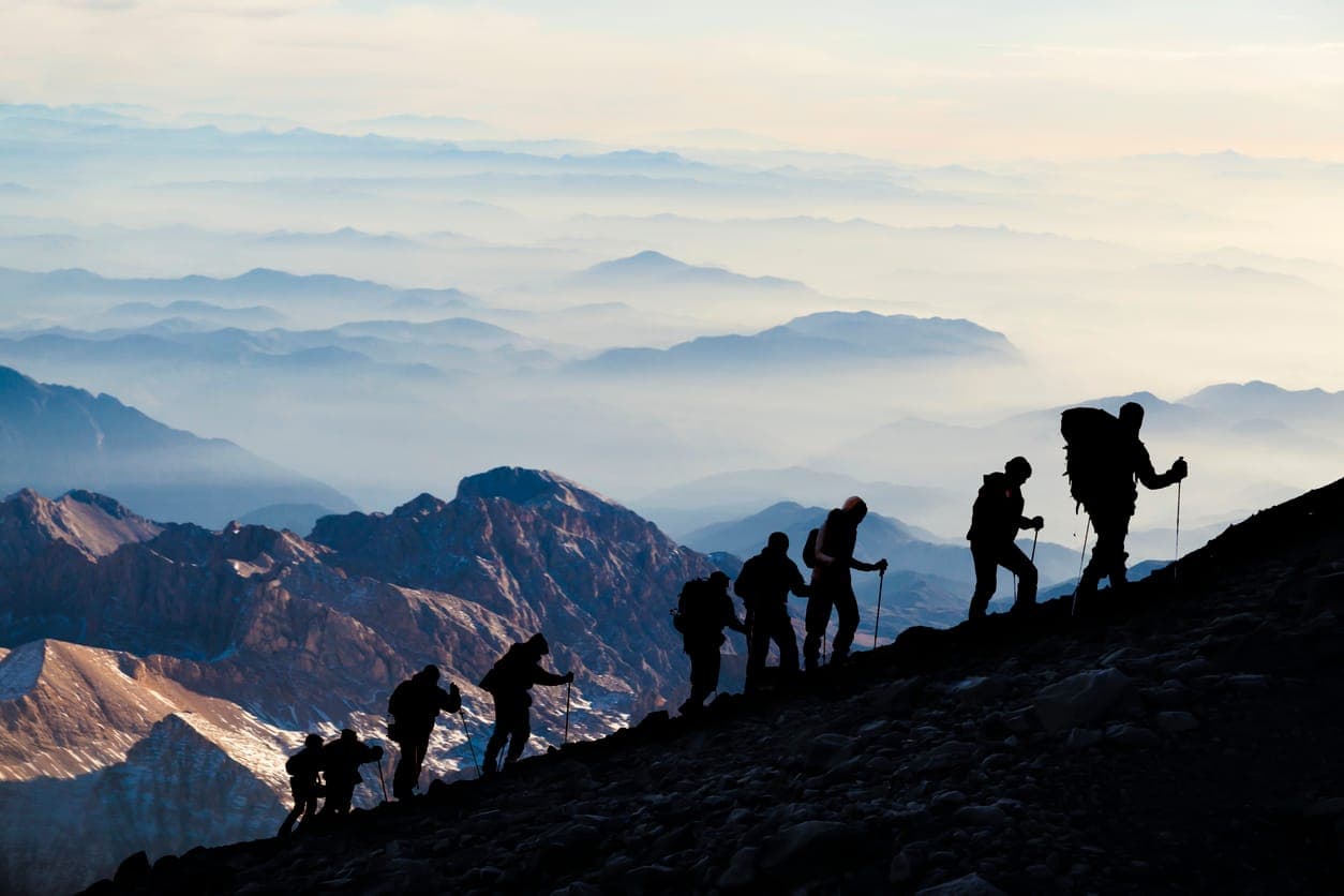 A guide leading a team along a forested ridge trail